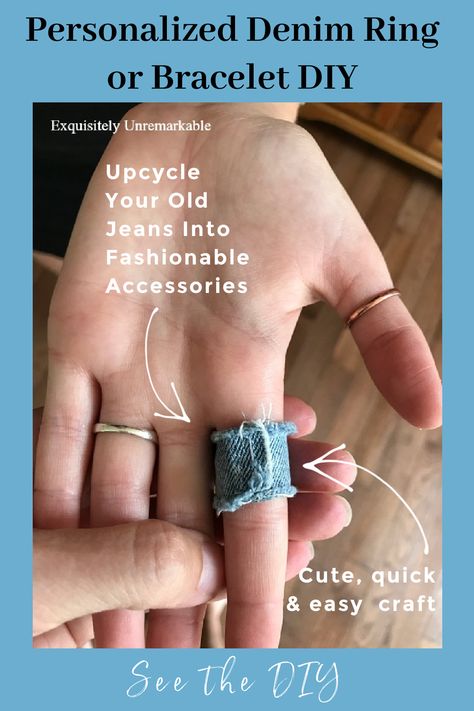 How To Make A personalized denim ring or bracelet Denim Rings Jewelry, Fabric Rings Diy, Denim Accessories Diy, Diy Denim Bracelets, Denim Bracelet, Denim Earrings, Rings And Bracelets, Diy Denim, Denim Projects