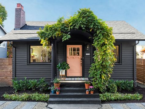 Green House Exterior, Small House Exterior, Nesting With Grace, Black Houses, Gray House, Bungalow Exterior, Hgtv Magazine, Cottage Exterior, Pink Door