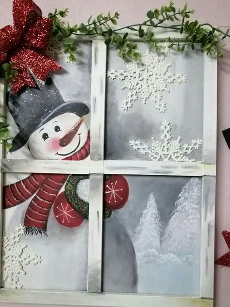 Old Windows Painted For Christmas, Snowman Painted Windows, Old Window Christmas Ideas, Old Window Frame Ideas, Snowman Window Painting, Old Window Art, Christmas Frames Diy, Christmas Picture Frames, Christmas Window Painting