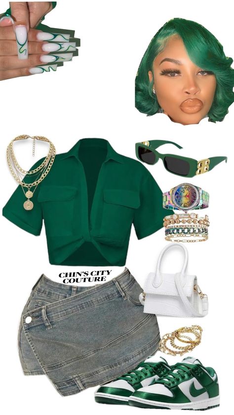 #Green #inspired #fashion #party @CHINCITYCouture Green Night Outfit, Gold And Green Outfit, St Patricks Day Outfits, Green Outfit Ideas, Outfit Black Women, Green Outfits, St Patrick's Day Outfit, Shein Outfits, Gold And Green