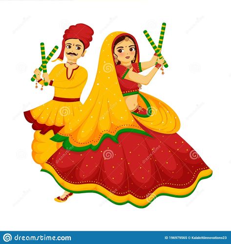 Dandia Dance Drawing, Navratri Doodle, Dandiya Pics, Dancing Cartoon Characters, Dandiya Images, Festival Illustration Art, Gujarat Illustration, Dandiya Drawing, Indian Festival Drawing