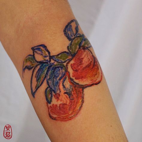 Peaches Tattoo, Pastel Tattoo, Peach Tattoo, Mystical Tattoos, Tattoo Maker, Nyc Tattoo, Party Tattoos, Sick Tattoo, Botanical Tattoo