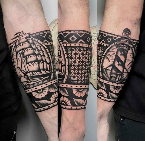 Traditional Band Tattoo Design, Traditional Framed Tattoo, Neo Traditional Hourglass Tattoo, Framed Traditional Tattoo Sleeve, American Traditional Frame Tattoo, Traditional Band Tattoo, Framed Traditional Tattoo, Traditional Frame Tattoo, American Traditional Sleeve Black