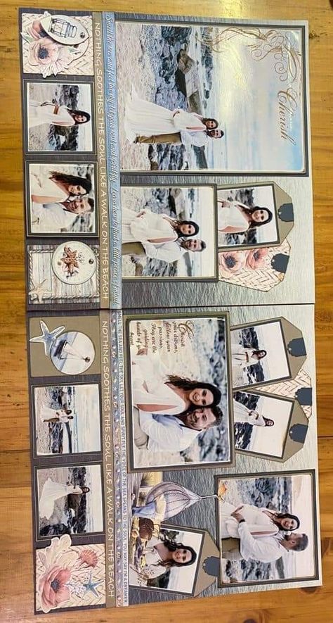 Scrapbook Ideas Wedding Layout, Scrapbooking Collage Ideas, Scrapbook Pages With One Photo, Creative Memory Layouts, Beach Wedding Scrapbooking Layouts, Wedding Scrapbook Ideas Layout Simple, Scrapbook Page With Lots Of Pictures, Honeymoon Scrapbook Ideas Layout, Double Scrapbook Page Layouts