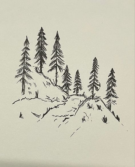 Tree And Mountain Drawing, Aspen Tree Sketch, Landscape Doodles Easy, Pine Tree Simple Drawing, Outdoorsy Sketches, Coniferous Trees Drawing, Mountains And Trees Drawing, Drawing Inspo Landscape, Easy Fineliner Drawings