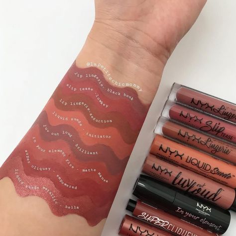 We love a good swatch! 😘 @lapetitechicmommy swatches some of her favorite lippies! 💄 From top to bottom: Lip Lingerie in 'Black Book' from Set 4 • Slip Tease Full Color Lip Oil in 'Low Key' • Lip Lingerie in 'Seduction' • Liquid Suede Cream Lipstick in 'Initiator' • Luv Out Loud in 'Brilliant' • In Your Element (Fire) in 'Matte Mauve' • Super Cliquey Matte Lipstick in 'Empowered' • Liquid Suede Metallic Matte in 'Bella' ♥ What's your favorite #NYXProfessionalMakeup lip product? || #... Lipgloss Swatches, Lipstick Tattoos, Element Fire, Lip Gloss Balm, Natural Lipstick, Bottom Lip, Nyx Makeup, Lip Swatches, Lipstick Collection