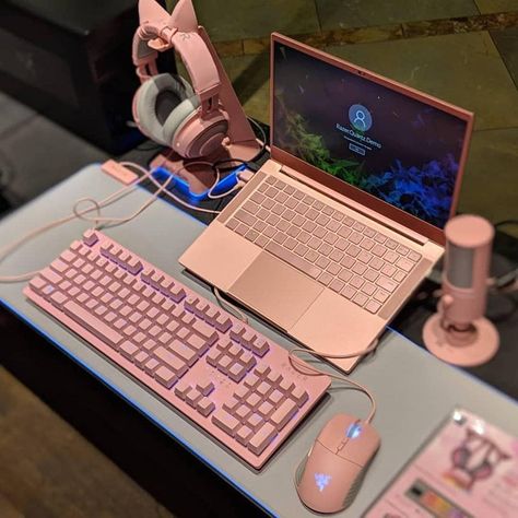 Gaming Laptop Setup, Gaming Desk Setup, Girl Desk, Pink Games, Gamer Setup, Video Game Room Design, Cute Bedroom Ideas, Gaming Room Setup, Gamer Room