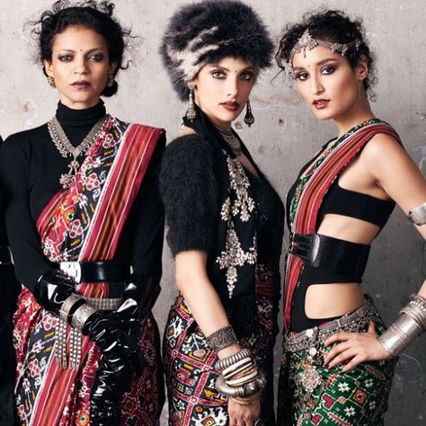 Sabyasachi for hapers bazaar. Double ikat patola sarees styled with pure badassness Three Women, Indian Attire, Desi Fashion, India Fashion, Indian Designer Wear, Churidar, Saree Styles, Indian Sarees, Pakistani Fashion