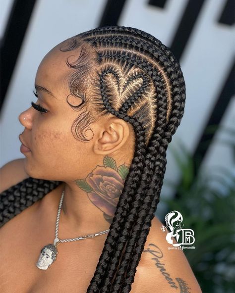 Cornrow Braids With Heart, Heart Stitch Braids, Spider Braids, Stitch Braids Hairstyles, Corn Roll Hair Styles, Braids With Heart, Trendy Curls, Boxer Braids Hairstyles, Heart Stitch