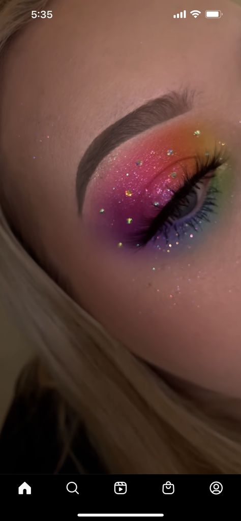 Rainbow Eyeshadow With Rhinestones, Festival Makeup Rainbow, Rainbow Glitter Eye Makeup, Colorful Makeup With Gems, Rave Make Up Looks, Halloween Gem Nails, Rainbow Freckles Makeup, Pride Face Gems, Rhinestone Eye Makeup Hooded Eyes