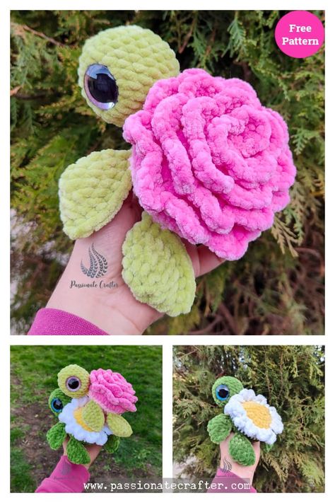 8 Flower Turtle Amigurumi Crochet Patterns Crocheted Turtle, Turtle Amigurumi, Crochet Turtle Pattern, Free Aesthetic, Crochet Turtle, Crochet Animals Free Patterns, Crochet Amigurumi Free, Fun Crochet Projects, Crochet Rose