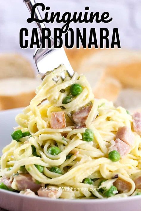 This is an easy version of a carbonara made with ham, peas and linguine. This easy recipe is one my kids have always loved! #spendwithpennies #carbonara #pastarecipe #familyrecipe Linguine Carbonara, Light Foods, Weekly Menu Plan, Linguine Recipes, Creamy Parmesan Sauce, Pasta Meals, Carbonara Recipe, Creamy Parmesan, Parmesan Sauce