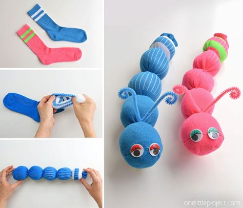 These no-sew sock worms are SO EASY to make and the kids love them! Or maybe they're sock caterpillars? Either way, this is such a fun kids craft and it's easy enough that the kids can actually make it themselves. It takes less than 10 minutes to make each one using just a few simple supplies from the dollar store. Such a fun way to use those mismatched socks! Sock Worm, Worm Craft, Worm Crafts, Mismatched Socks, Sock Dolls, Sock Toys, Diy Socks, Sock Crafts, Sock Animals