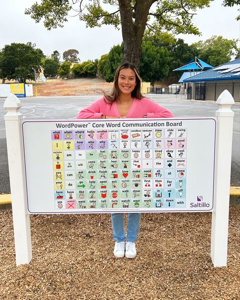 A communication core board blown up into 4ft by 3ft sign. Sign is placed on a playground. Uses core symbols like “I”, “want” and includes playground vocabulary like “slide” and “swings”. Core Words, Core Board, Hello Goodbye, School Slp, Communication Board, School Playground, Outdoor Classroom, New Classroom, Speech Pathology