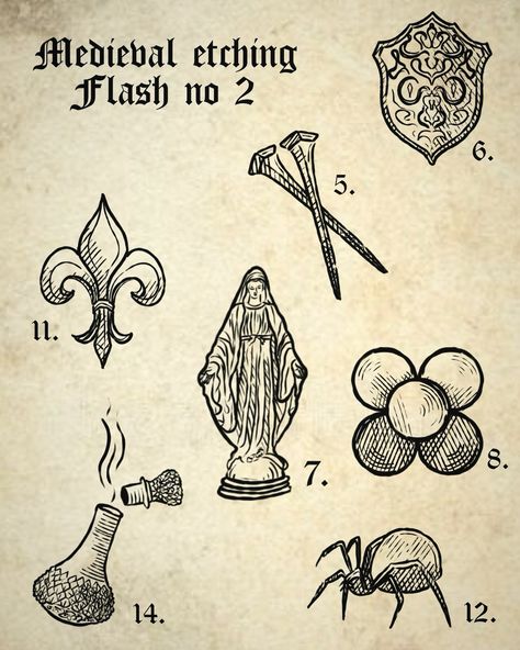 ⚔️ Medieval Flash Series ⚔️ I’m offering a new set of 15 mini flash designs, all original and inspired by medieval etching. Each piece captures the essence of old-world symbolism, from knights and armor to sacred motifs. Perfect for those who love detailed, timeless designs. I’m using these to train and refine my tattooing, and each flash is available for about 40€. DM if you’re interested in grabbing one of these unique pieces! #MedievalArt #FlashDesign #EngravingStyle #TattooFlash #... Small Medieval Tattoo, Medieval Tattoo Flash, Medieval Etching, Medieval Symbols, Flash Series, Medieval Tattoo, Flash Designs, Flash Design, Medieval Art