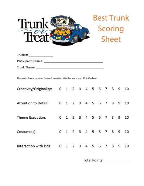 Trunk or Treat Scoring Sheet. Can be used for Best Trunk Judging. Trunk Or Treat Contest Categories, Trunk Or Treat Prizes, Trunk Or Treat Handouts, Hosting Trunk Or Treat Ideas, Trunk Or Treat Planning Ideas, Trunk Or Treat Organization, Trunker Treat Ideas, Christmas Door Decorating Contest, Pumpkin Carving Contest