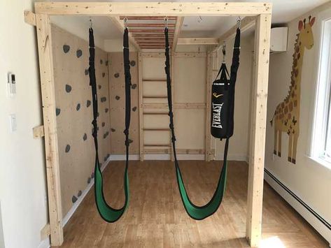 Diy Indoor Jungle Gym, Diy Sensory Gym, Basement Sensory Gym, Diy Indoor Jungle Gym For Kids, Diy Indoor Monkey Bars, Diy Indoor Play Gym, Basement Jungle Gym, Indoor Ninja Course For Kids, Indoor Jungle Gym Diy