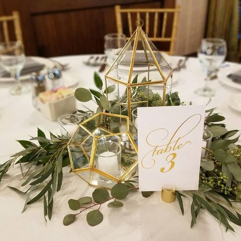 Loving the gold in these centerpieces with simple greenery accents!  #bellafloraweddings #chicagoweddings #chicagobride #weddinginspiration… Geometric Terrarium Wedding Centerpiece, Gold And Eucalyptus Centerpiece, Botanical Wedding Theme Decor, Gold And Greenery Wedding Centerpieces, Geometric Table Centerpiece, Hexagonal Centerpieces, Gold Terrarium Centerpiece, Gold Geometric Centerpiece, Green And Gold Centerpieces