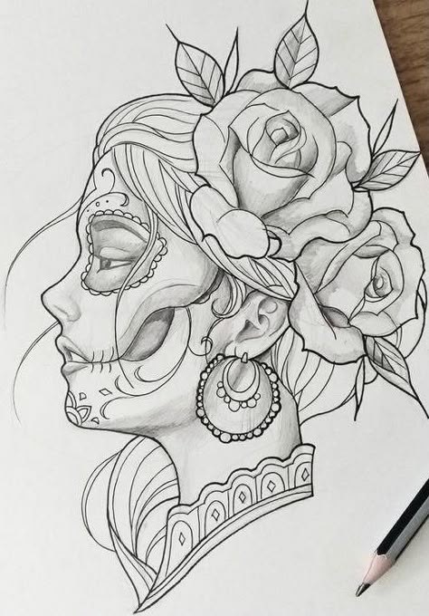 La Catrina Art, Catrina Drawing, Drawing Chicano, Hispanic Tattoos, Catrina Tattoo, Tumblr Drawings, Tattoo Zeichnungen, Shoulder Tattoos, Sketch Tattoo Design