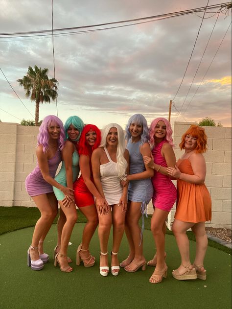 Bachelorette Colour Theme Outfits, Color Wig Bachelorette Party, Wigging Out Bachelorette Party, Colored Wig Outfit Bachelorette, Color Wigs Bachelorette Party, Bachelorette Wigs Night, Monochromatic Outfit Party Theme, Bachelorette Party Wig Night Outfits, Bachelorette Wig Party Outfit