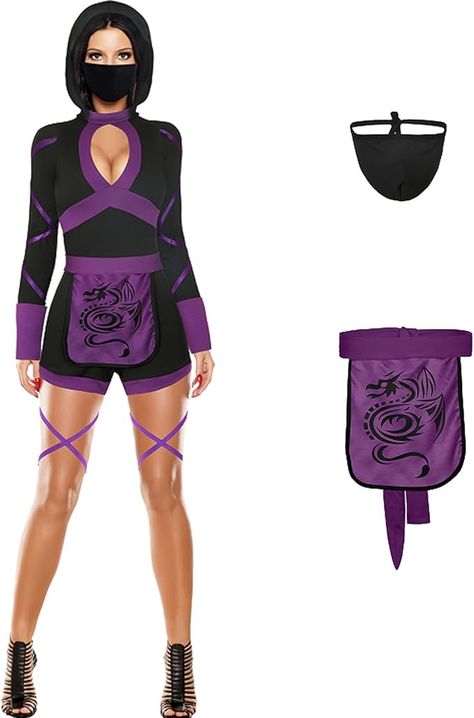 Ninja Halloween, Dragon Ninja, Ninja Mask, Female Ninja, Halloween Party Dress, Purple Dragon, Costume Women, Costumes Ideas, Halloween Make Up