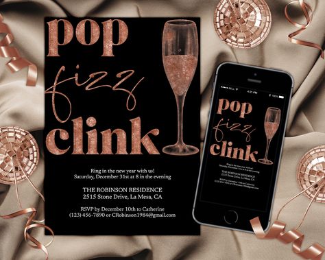 Rose Gold New Years Eve Party, Pop Fizz Clink, Minimalist Typography, Printable Invitation Templates, New Year's Eve Celebrations, New Year's Eve Party, Brand Assets, Party Printable, Messaging App