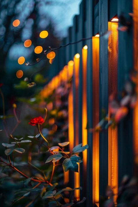 Brighten Your Yard: Outdoor Fence Light Ideas Fence Post Lighting Ideas, Backyard Fence With Lights, Backyard Lighting Fence, Fence Design With Lights, Light On Fence Outdoor, Garden Fence Lighting, Wood Fence Lighting Ideas, Outdoor Fence Lighting Ideas, Lights On Aluminum Fence