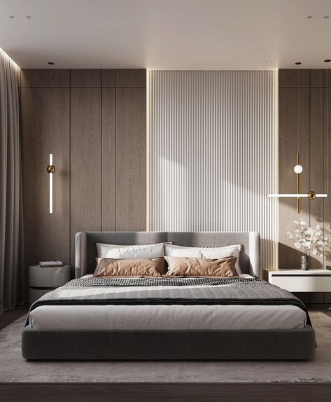 Modern Feminine Bedroom, Bedroom Panelling, Feminine Bedroom, Master Room, Bedroom Panel, Wood Bedroom, Modern Bedroom Design, Wooden House, Facade House