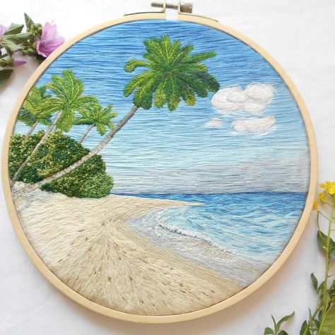 Embroidered Beach Scene, Beach Embroidery Designs, Ocean Embroidery, Embroidery Beach, Beach Embroidery, Flower Pattern Drawing, Embroidery Hoop Art Diy, Embroidery Hoop Wall Art, Diy Friendship Bracelets Patterns