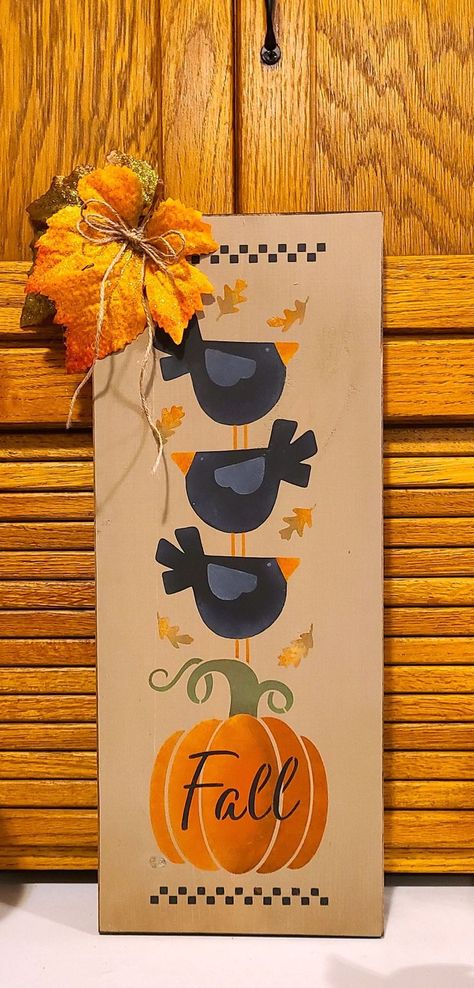 Fall Pumpkin Crow Sign Autumn Signs Fall Signs Autumn-themed decor with pumpkin and birds, featuring fall leaves and rustic wood background. Perfect for seasonal ambiance. | Sky Rye Design Fall Sign Ideas, Wood Sign Ideas, Fall Felt Crafts, Autumn Signs, Fall Pumpkin Sign, Window Mural, Diy Projects For Men, Rustic Wood Background, Fall Wood Signs