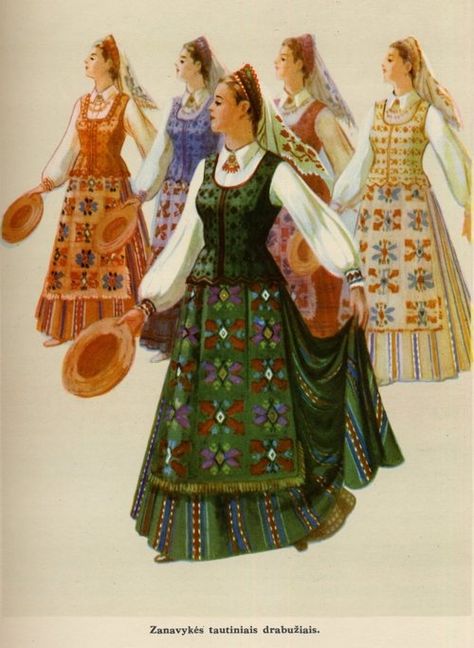 Beautiful Lithuanian traditional costumes! Would you like to have one?    #vilnius #lithuania www.vilnius.com Lithuanian Clothing, 3 People Costumes, Russian Clothing, Costumes Around The World, Folk Clothing, European Culture, Folk Dresses, Ethnic Outfits, Folk Fashion