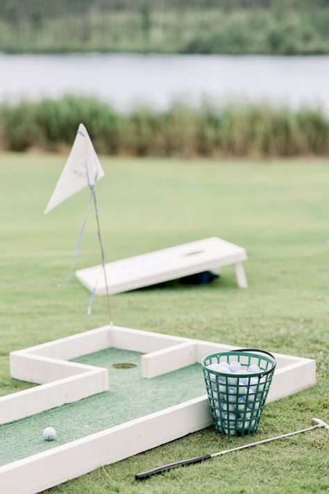 teed up for a good time ⛳️ custom branded golf balls, flags, cornhole boards and more for The Russells 🎉 Cheers to Carley and Nicholas! #fairhopealabama #mobilealabama #WeddingInspiration #WeddingDetails #WeddingDay #WeddingPrep #ElegantWedding #BespokeWedding #shoplocal #golf #customgolfball #customflag #custommonogram #monogram Cornhole At Wedding, Golf Ball Wedding Favors, Wedding Putt Putt Golf, Wedding Mini Golf, Golf Event Decor, Golf Themed Bar, Golfing Aesthetic, Golf Themed Wedding, Wedding Country Club