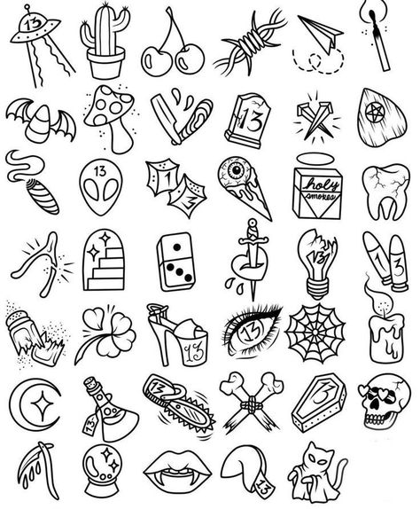 Small Simple Flash Tattoo, Friday 13th Flash Sheet, Line Work Flash Sheets, Spooky Flash Sheet, Simple Traditional Tattoo Flash, Silly Flash Tattoos, 13 Flash Tattoo, Friday The 13th Tattoo Flash Sheet, Simple Tattoo Flash Sheet