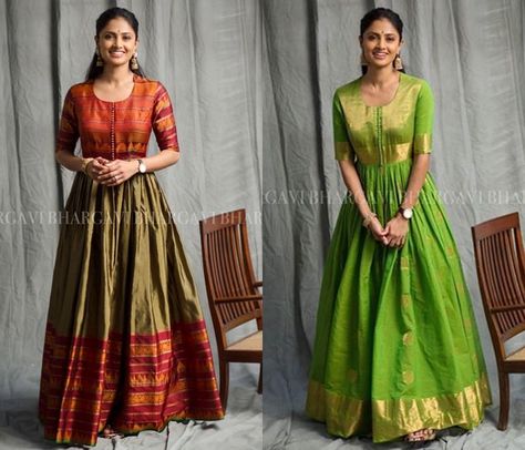 Traditional Dresses To Wear On Ganesh Chaturthi Dresses From Old Sarees, Sari Designs, Diwali Fashion, Lehenga Sari, Diwali Dresses, Long Gown Design, Sari Dress, Long Gown Dress, Long Dress Design