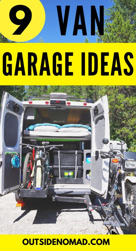 Here are some great Van Garage design ideas for your campervan conversion.  Find the best garage design to fit your needs.  Check out these unique DIY van builds that will inspire. via @outsidenomad Transit Conversion, Garage Design Ideas, Ford Transit Conversion, Van Garage, Van Builds, Van Life Blog, Travel Trailer Living, Rv Camping Checklist, Van Storage