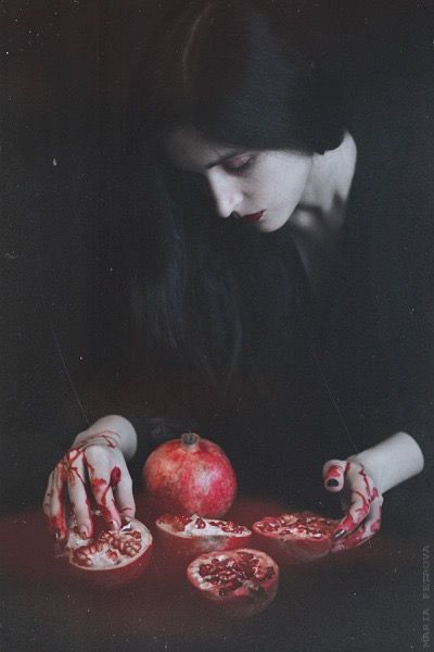 Maria Petrova   The Pomegranate as a Symbol. ... The mythology of ancient Greece regarded this fruit as the symbol of life, marriage and rebirth in the abduction story of Persephone by Hades, the god of the underworld Persephone Pomegranate, Persephone Art, Pomegranate Art, Hades And Persephone, Halloween Photoshoot, Ap Art, Dark Photography, Coven, Underworld