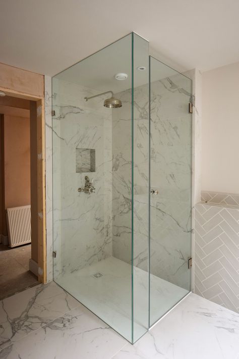 Bespoke Hinged Shower Door from Creative Glass Studio. Shower With Three Glass Walls, Single Door Shower Ideas, 2 Sided Glass Shower Enclosure, Small Glass Shower Ideas, Shower Glass Door Ideas, Glass Door Shower, Modern Shower Doors, Furniture Reference, Glass Showers