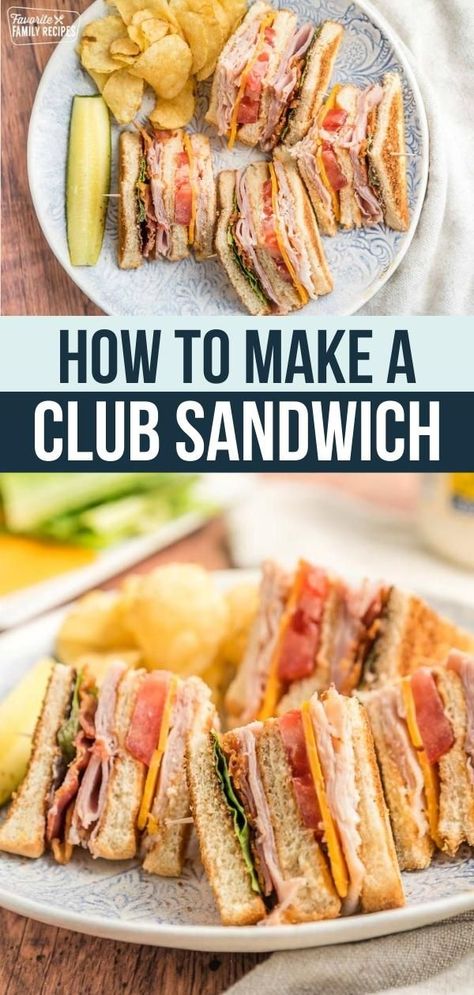 How to Make a Club Sandwich. One of the most popular sandwiches for lunch is the club sandwich. A club sandwich layers turkey, ham, bacon, cheese, lettuce, and tomato between three layers of toasted bread. Cut the sandwich in fourths and hold each fourth together with a toothpick for easy serving and eating. Ham And Turkey Club Sandwich, Toasted Club Sandwich, Ultimate Club Sandwich, Fancy Club Sandwich, Club Sandwich For A Crowd, English Cheese And Pickle Sandwich, Easy Club Sandwich Recipes, Club Sandwiches Recipes, Double Decker Sandwich