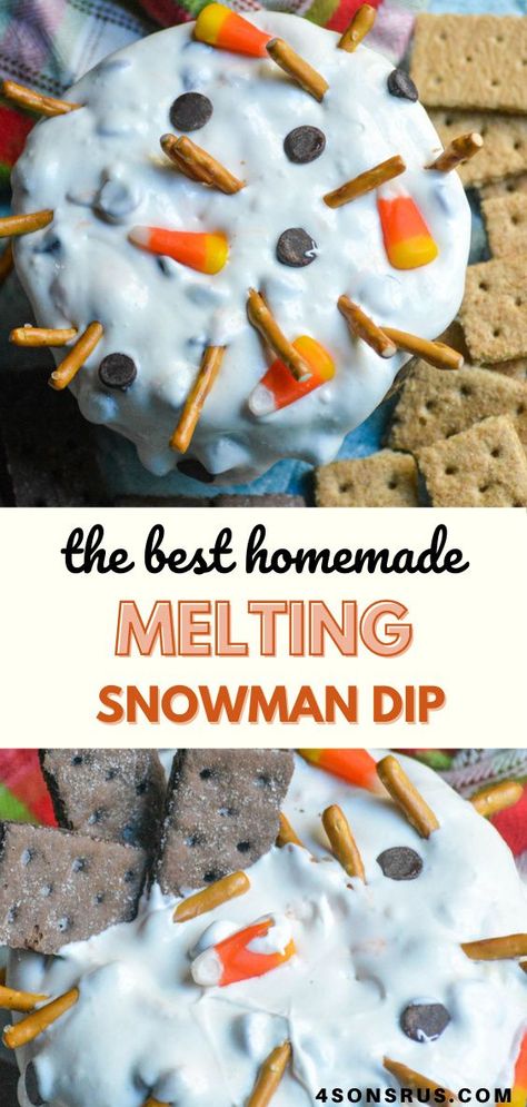 Melting snowman dip is a delicious dessert dip you could serve all winter long. Perfect for holiday parties, everyone will love this easy treat! #dip #dessert #recipe Snowman Dip Recipe, Frosty The Snowman Party Food, Winter Onederland Appetizers, Melted Snowman Dip, Winter Wonderland Treats Dessert Tables, Winter Wonderland Food, Snowman Dip, Snow Food, Christmas Reels