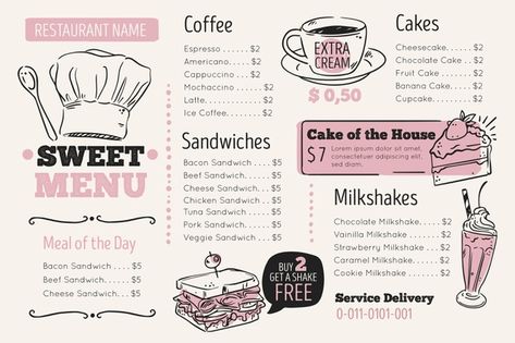 Cute Restaurant Menu Design, Aesthetic Menu Design Ideas, Aesthetic Menu Ideas, Desserts Menu Design, Cute Cafe Menu Design, Horizontal Menu Design, Cute Menu Ideas, Paper Menu Design, Cute Menu Template