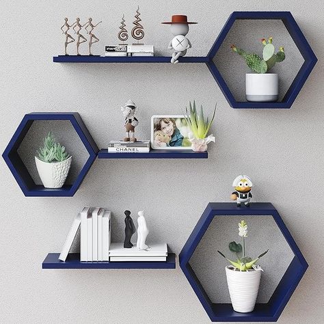 Navy Blue Office Walls, Office Decor Navy, Hexagon Floating Shelves, Display Shelf Design, Blue Shelves, Shelves For Living Room, Floating Shelves Wall, Shelves Display, Wood Hexagon