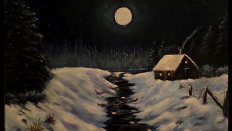 Log Cabin Painting Acrylic Easy, Winter Night Acrylic Painting, Log Cabin Painting Easy, Winter Cabin In The Woods, Cabin By The Lake, Hill Painting, Acrylic Landscapes, Winter Paintings, Acrylic Ideas