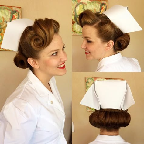 Zoe had to wear a traditional 1940s nurse's uniform for her nursing school graduation ceremony, so she asked me to help her look authentic.  destinee@vinspireme ~ instagram.com/vinspireme ~ facebook.com/vinspirestyling ~ vinspire.me Cabelo Pin Up, Graduation Hairstyles With Cap, Cap Hairstyles, Nurse Hairstyles, Pinning Ceremony, 1940s Hairstyles, Nursing Pins, Vintage Nurse, Graduation Hairstyles