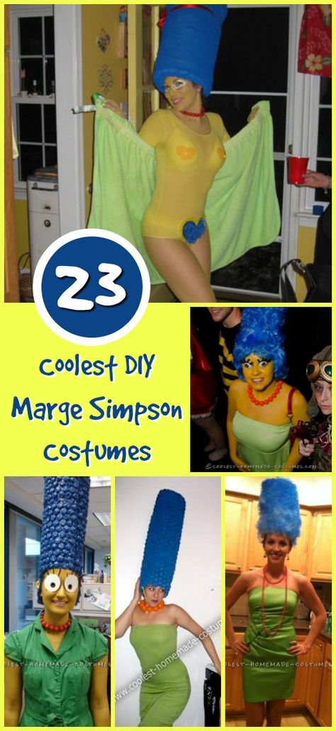 If you are looking to stand out on Halloween, what better way than make yourself a Marge Simpson Costume? With her Giant blue hair, popping eyes and yellow skin, you wouldnt be missed anywhere you go! If youre going with your family you can all go as the Simpsons family together! D'oh! Marge Homer Simpson Costume, The Simpsons Costumes Diy, The Simpson Costume, Simpsons Family Costume, The Simpsons Halloween Costume, Diy Simpsons Costumes, Diy Marge Simpson Hair, Simpson Family Costume, Simpson Halloween Costumes