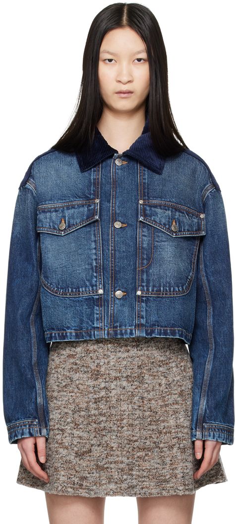 Non-stretch denim and cotton corduroy jacket. Fading throughout. · Paneled construction · Spread collar · Button closure · Flap pockets · Cropped hem · Dropped shoulders · Logo-engraved silver-tone hardware · Contrast stitching in tan Made from cruelty-free, non-animal materials. Supplier color: Vintage dark wash blue Winter Denim Jacket With Contrast Stitching, Winter Washed Denim Collared Jacket, Washed Denim Blue Collared Outerwear, Vintage Denim Collared Outerwear, Dark Wash Denim Jacket With Contrast Stitching, Color Vintage, Corduroy Jacket, Denim Top, Stretch Denim