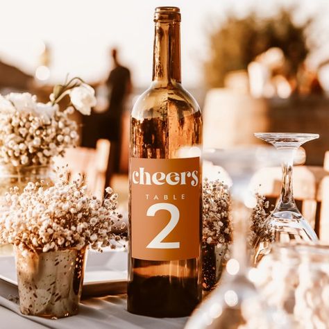 Retro Wedding Table, Modern Retro Wedding, Fall Wedding Table Numbers, Unique Table Numbers, Photo Table Numbers, Wedding Day Essentials, Wine Bottle Table, Fall Wedding Tables, Wedding Wine Labels