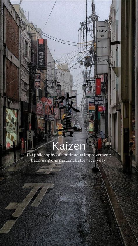 Meaning of Kaizen on Japanese skyline Tokyo Iphone Wallpaper Aesthetic, Kaizen Meaning Wallpaper, Sick Iphone Wallpaper, Kaizen Wallpaper Iphone, Kaizen Wallpaper Aesthetic, Kaizen Aesthetic, Kaizen Wallpapers, Wallpaper Backgrounds Words, Wallpaper With Meaning