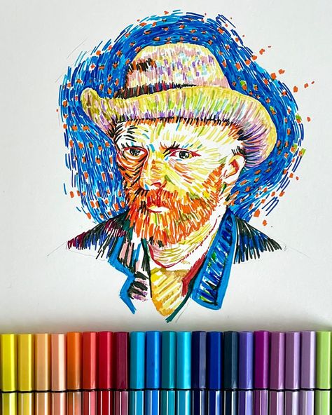 A masterpiece in every stroke! 🖌️🌟 This STABILO Pen 68 rendition of a timeless artist brings a splash of color to a familiar face. Who is this one? 🧐  🖍️ : STABILO Pen 68 brush 📷 : @quinkandbleach Brushpens Art, Sketch Color Pencil, Brush Pen Sketch, Drawings To Try, Cartoon Art Drawing, Fineliner Art, Face Portrait, Fine Pens, Color Pencils