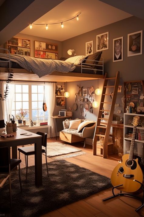 Bedroom radiating softness and cosiness. Teen Loft Bedroom Ideas, Loft Bed Aesthetic, Teen Loft Bedrooms, Chill Room Ideas Bedrooms, Elevated Bedroom, Room Ideas For Teens, Cozy Teen Bedroom, Cool Teen Rooms, Loft Beds For Teens