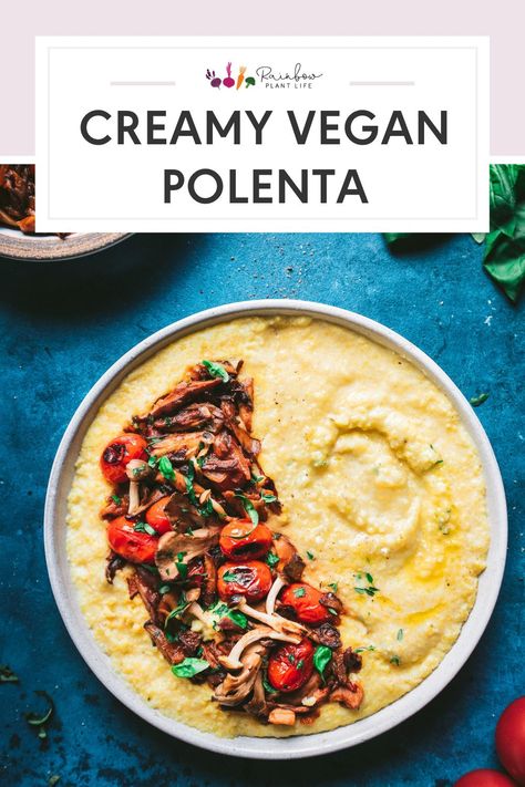 Creamy Vegan Polenta with Wild Mushroom and Tomato Ragu | Rainbow Plant Life- This Vegan Creamy Polenta is buttery, silky cold-weather comfort food that will warm your soul. Paired with a rich, umami-packed ragu made of wild mushrooms and cherry tomatoes. Head here for the recipe! Vegan Polenta, Rainbow Plant Life, Vegan Winter Recipes, Mushroom Polenta, Cold Weather Comfort Food, Vegan Instant Pot Recipes, Creamy Polenta, Vegan Holiday, Vegan Brunch